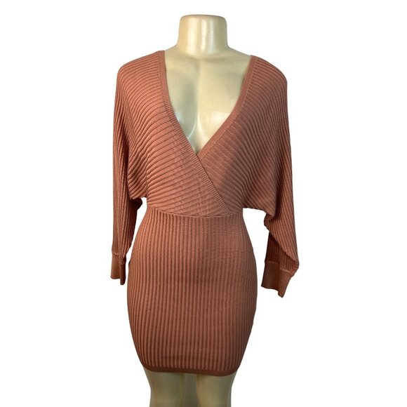 Love Tree Women's Salmon Ribbed Knit Bodycon Mini Dress With Dolman Sleeves Sz S - Picture 1 of 8